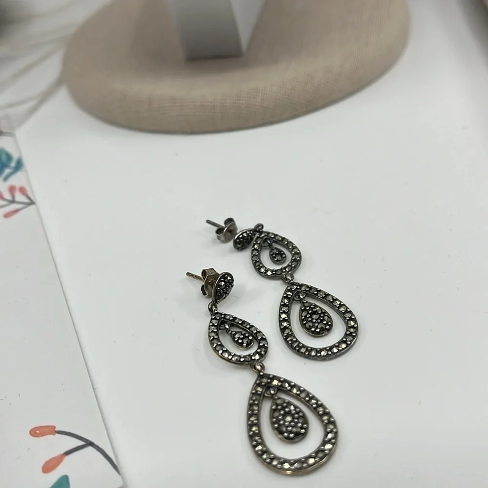 Suspicion Marcasite 🖤 Sterling Silver Teardrop Stud Earrings 🌟 - Picture 9 of 13